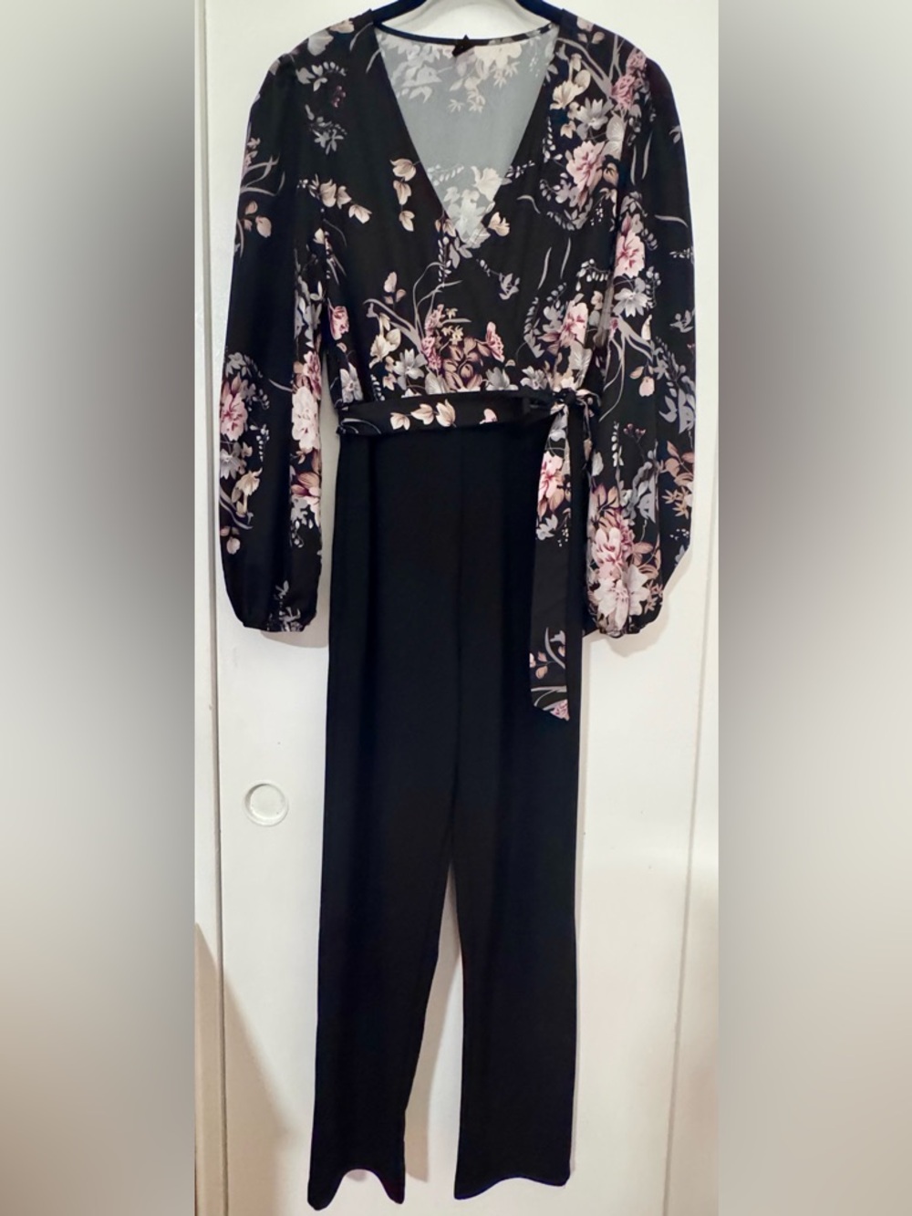 SHEIN Black Floral Surplice Belted Jumpsuit